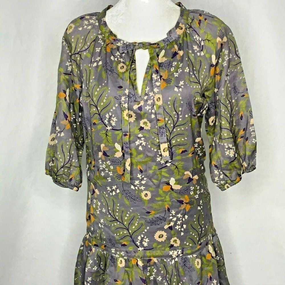 Gap Floral Shift Dress S Grey 3/4 Sleeves Tie Keyhole Neck Lined Tiered Ruffle